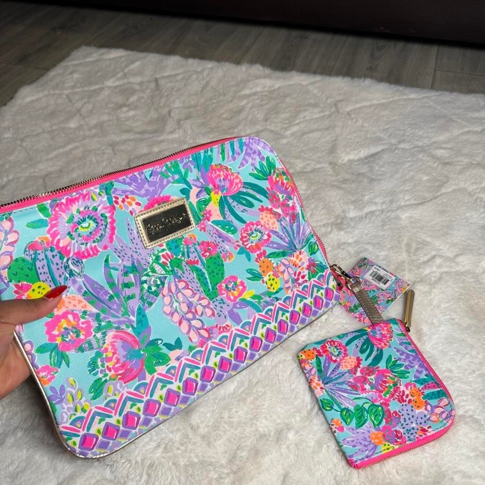 Lilly Pulitzer Pink Blue Floral Cactus Laptop iPad Sleeve Wristlet Pouch Set NWT